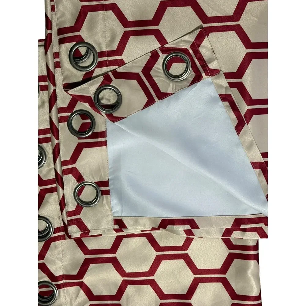Pair of Tan Red Geo Print Curtains Satin Faux Silk Grommets 2 Panels Drapes 84